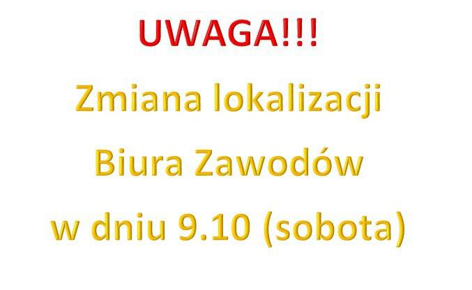 Uwaga zmiana lokalizacji biura zawodów w dniu 9 października!